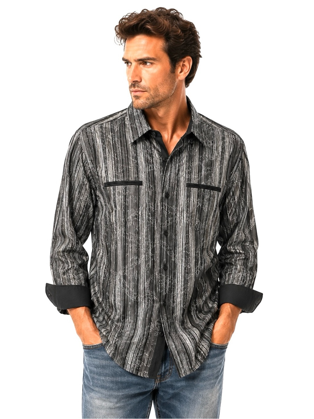 Black Silver Textured Cotton Button Down Shirt 3XL